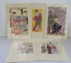 Five Japanese studies, figures in various pursuits  prints  12" x 5.5" mounted