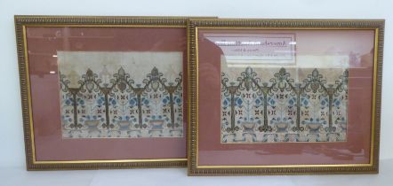 A pair of antique coloured embroideries, depicting architectural forms  8" x 11.5"  framed