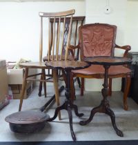 Small furniture: to include two dissimilar early 20thC mahogany pedestal wine tables  20"h  13"dia