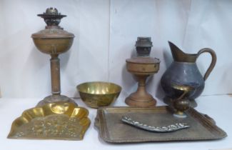Vintage domestic copper and brassware: to include two pedestal oil lamps  13" & 15"h