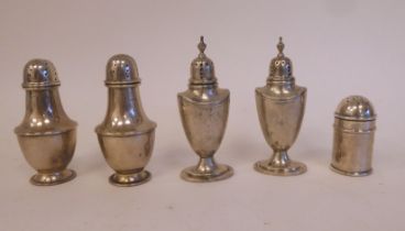 Silver pepper pots, viz. two pairs of pedestal vase design and one cylindrical  mixed marks