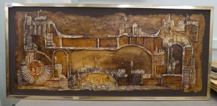 Cyril Barnes - a mixed media skyline riverscape, decorated in relief  bears a signature  16" x