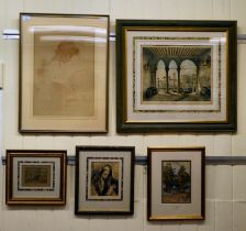 Framed pictures: to include a 19thC Venetian scene  coloured print  13" x 15"; and J Billingsey - 'A