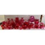 Cranberry coloured glass ornaments; and functional items: to include an oversize brandy glass  12"h;