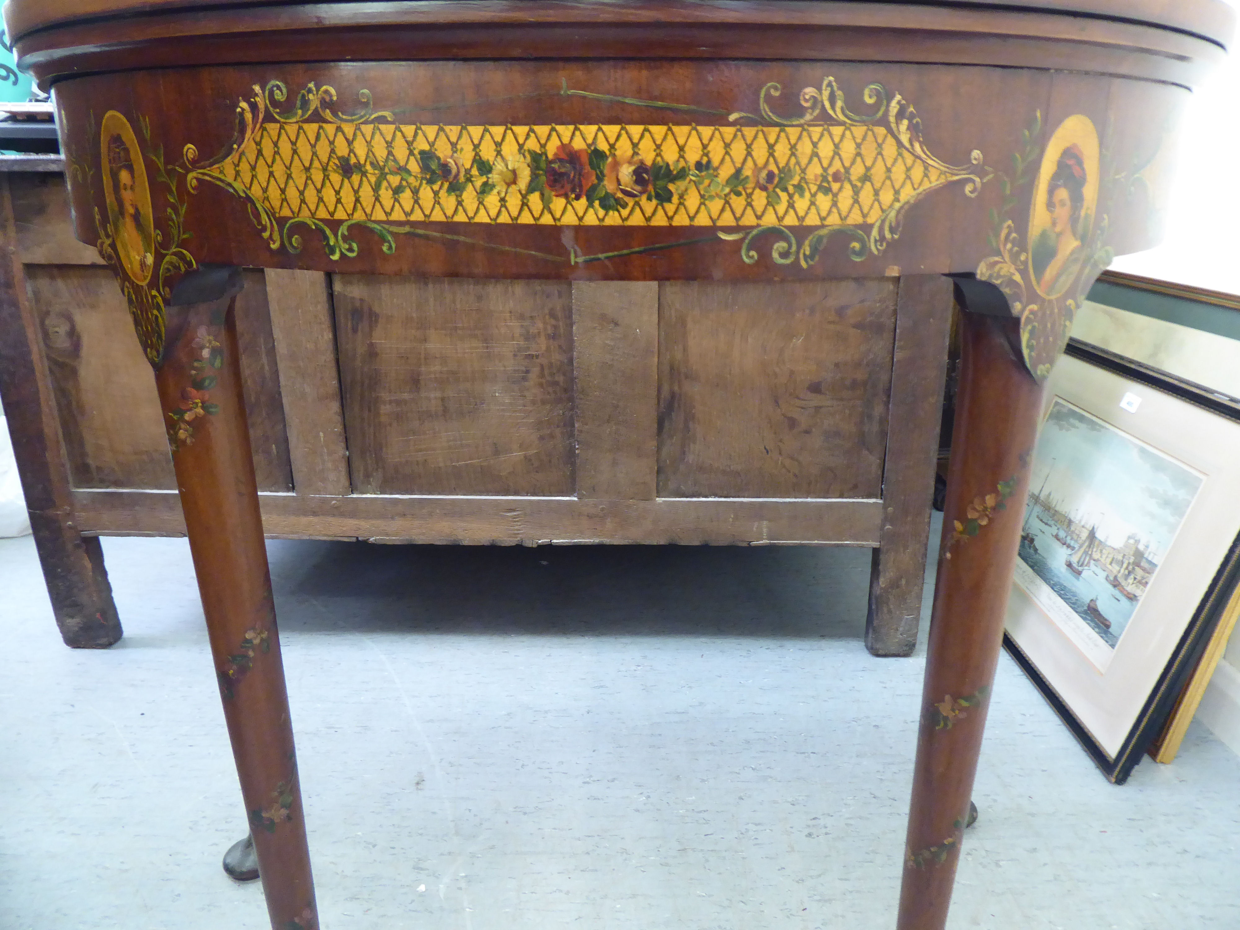 A late 19thC lacquered and painted, demi-lune card table, decorated with painted flora and - Bild 3 aus 4