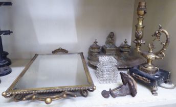 Brassware: to include a late 19thC design deskstand, incorporating a pen tray and two inkwells