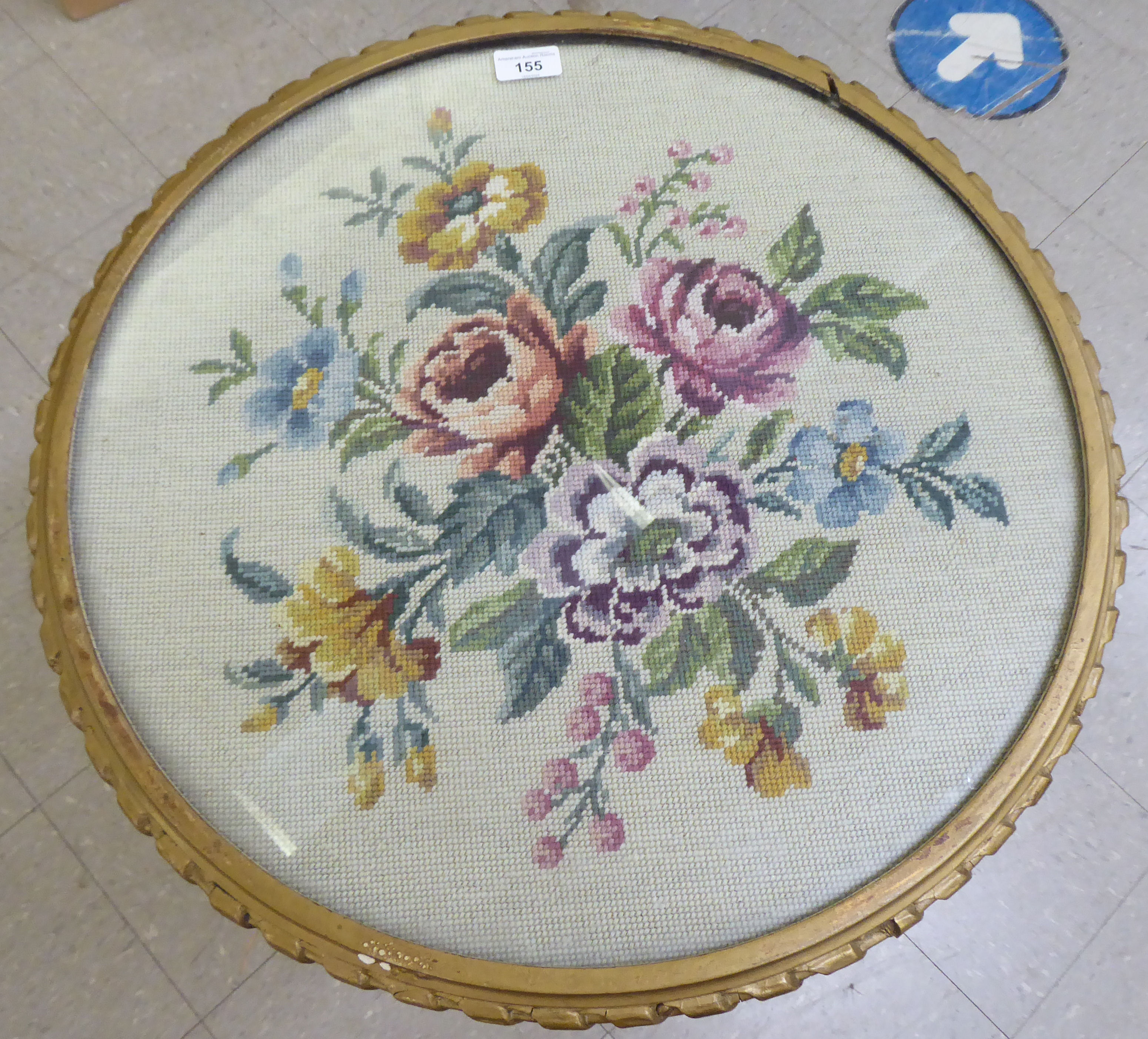 A 19thC French style gilded composition centre table with floral embroidered and inset glass top, - Image 3 of 4