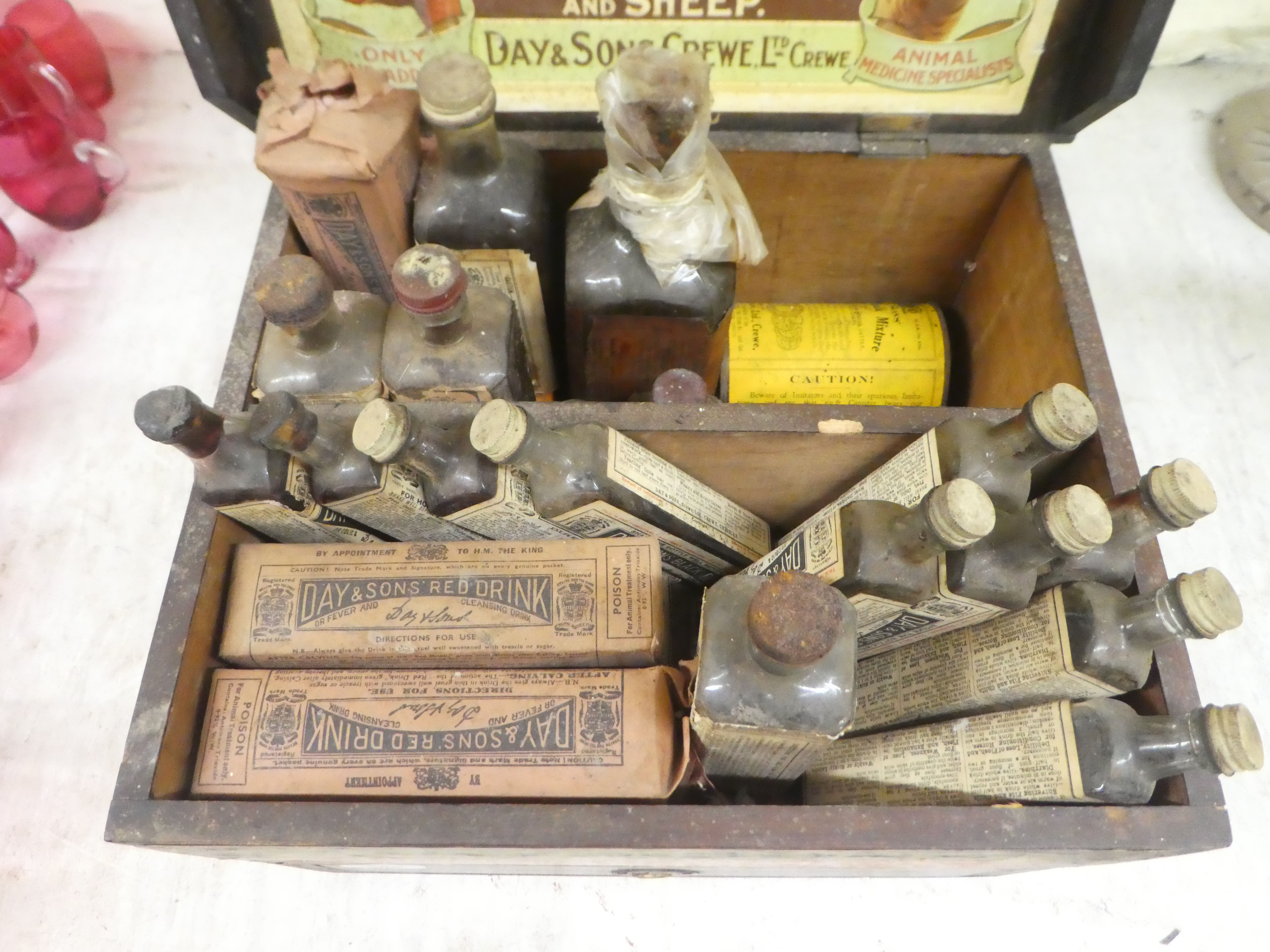 An early 20thC Day & Sons Original wooden Universal medicine chest, primarily for animal husbandry - Image 3 of 4