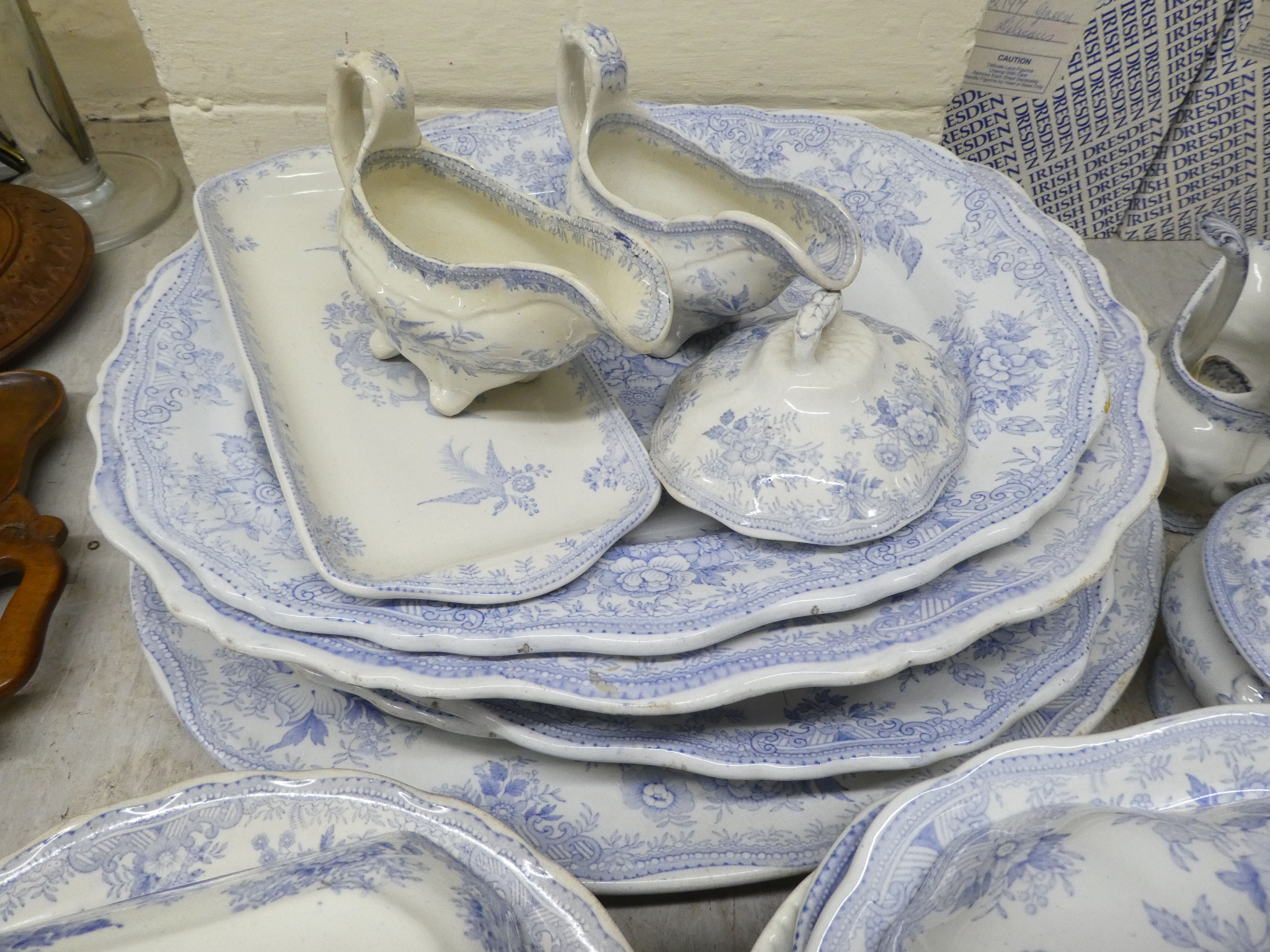 Mainly 19thC china tableware, decorated in blue and white print with pheasants, birds and other - Bild 2 aus 8