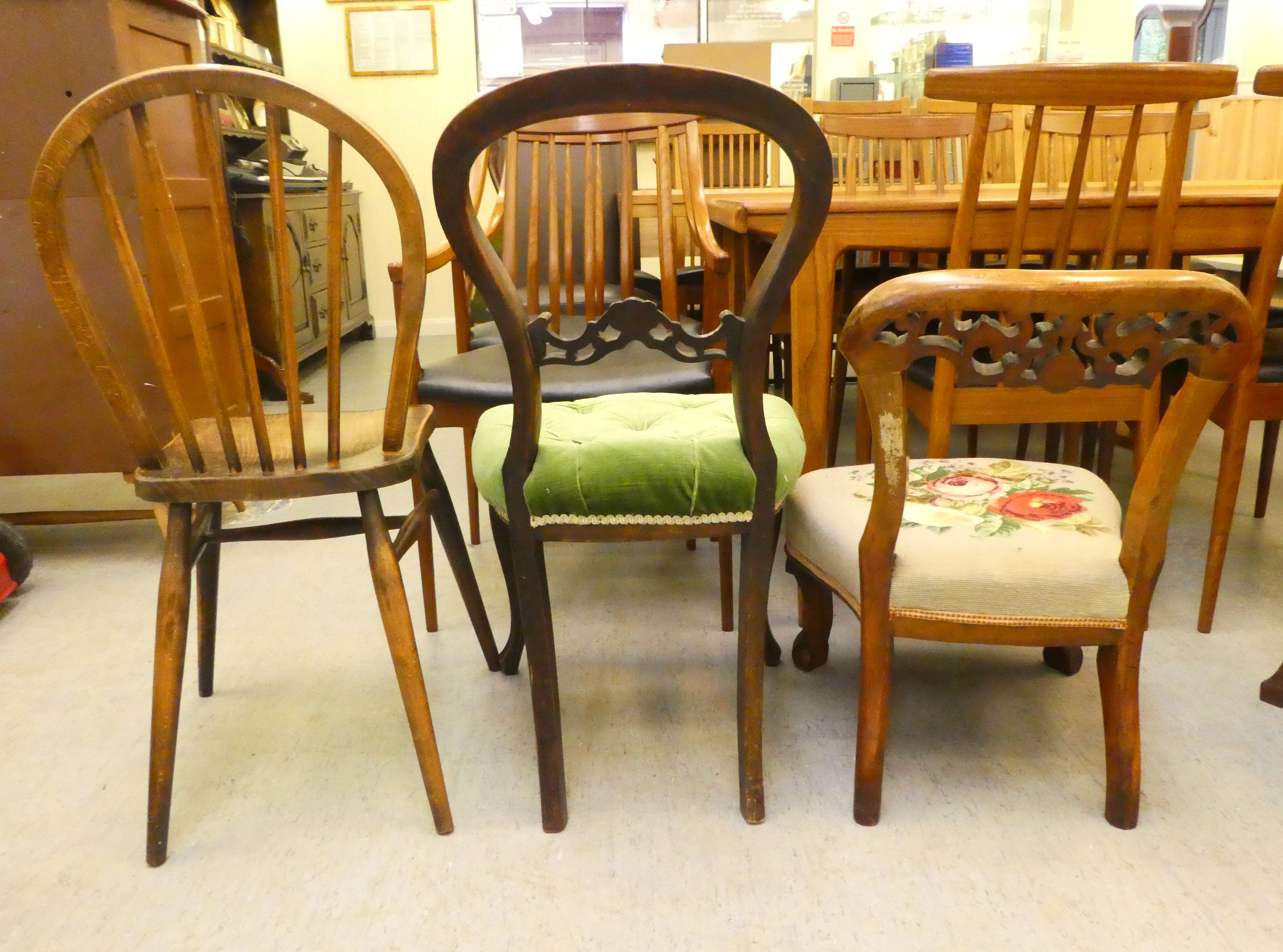 Small furniture: to include a late 19thC mahogany framed balloon back dining chair with a green - Image 4 of 7