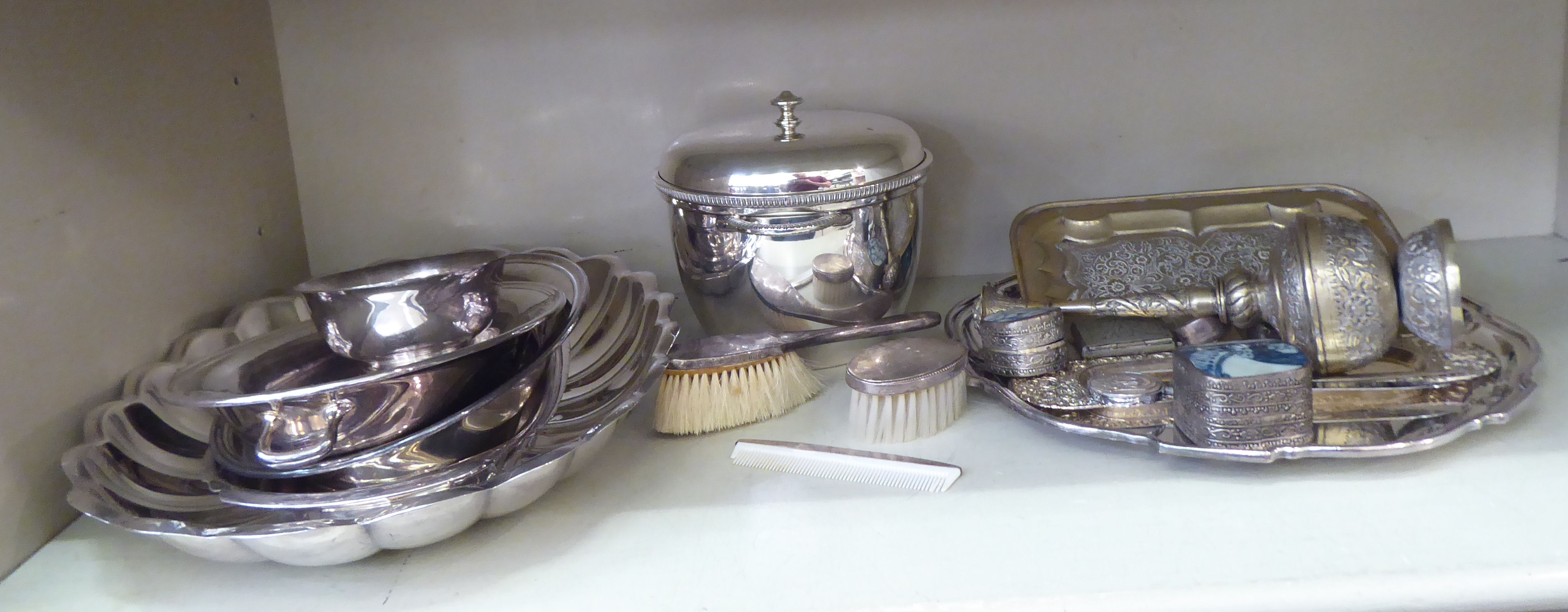 Silver plated and other metalware: to include a salver  12"dia; and a covered serving bowl  7"dia