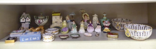 Ceramic ornaments: to include two pastille burner design cottages  5"h; and various trinket boxes