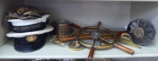 Maritime collectables: to include an officer's cap and epaulettes; and a bulkhead timepiece  7"dia