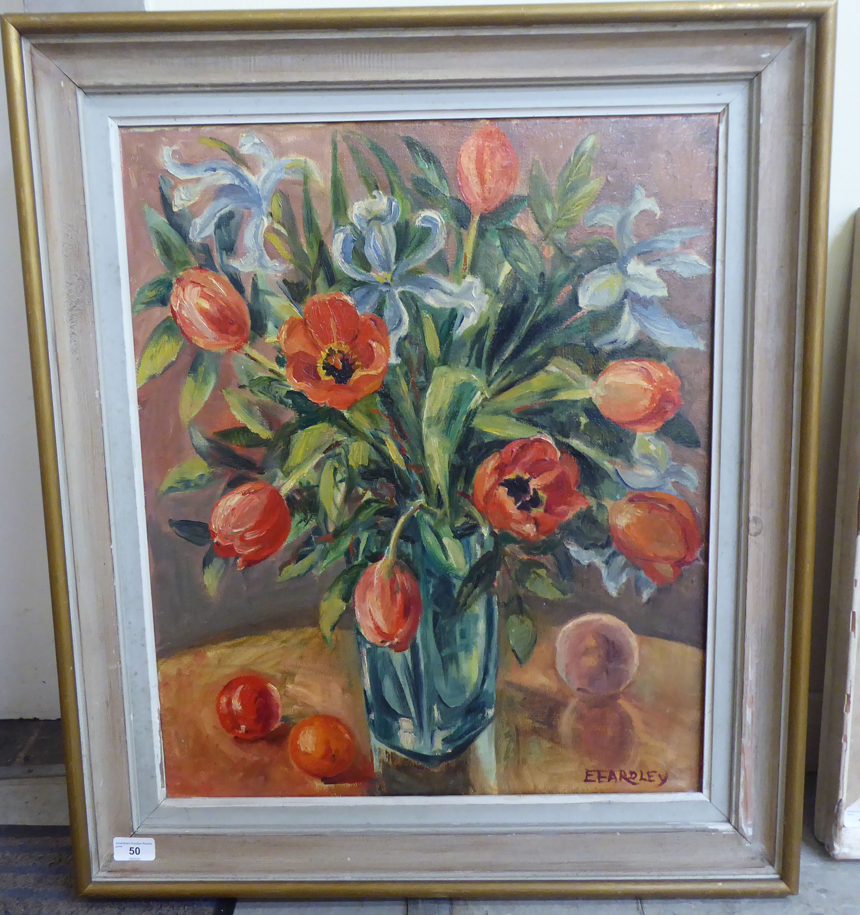 E Eardley - a still life study, mixed flowers in a vase  oil on canvas  bears a signature  20" x 23"