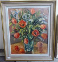 E Eardley - a still life study, mixed flowers in a vase  oil on canvas  bears a signature  20" x 23"