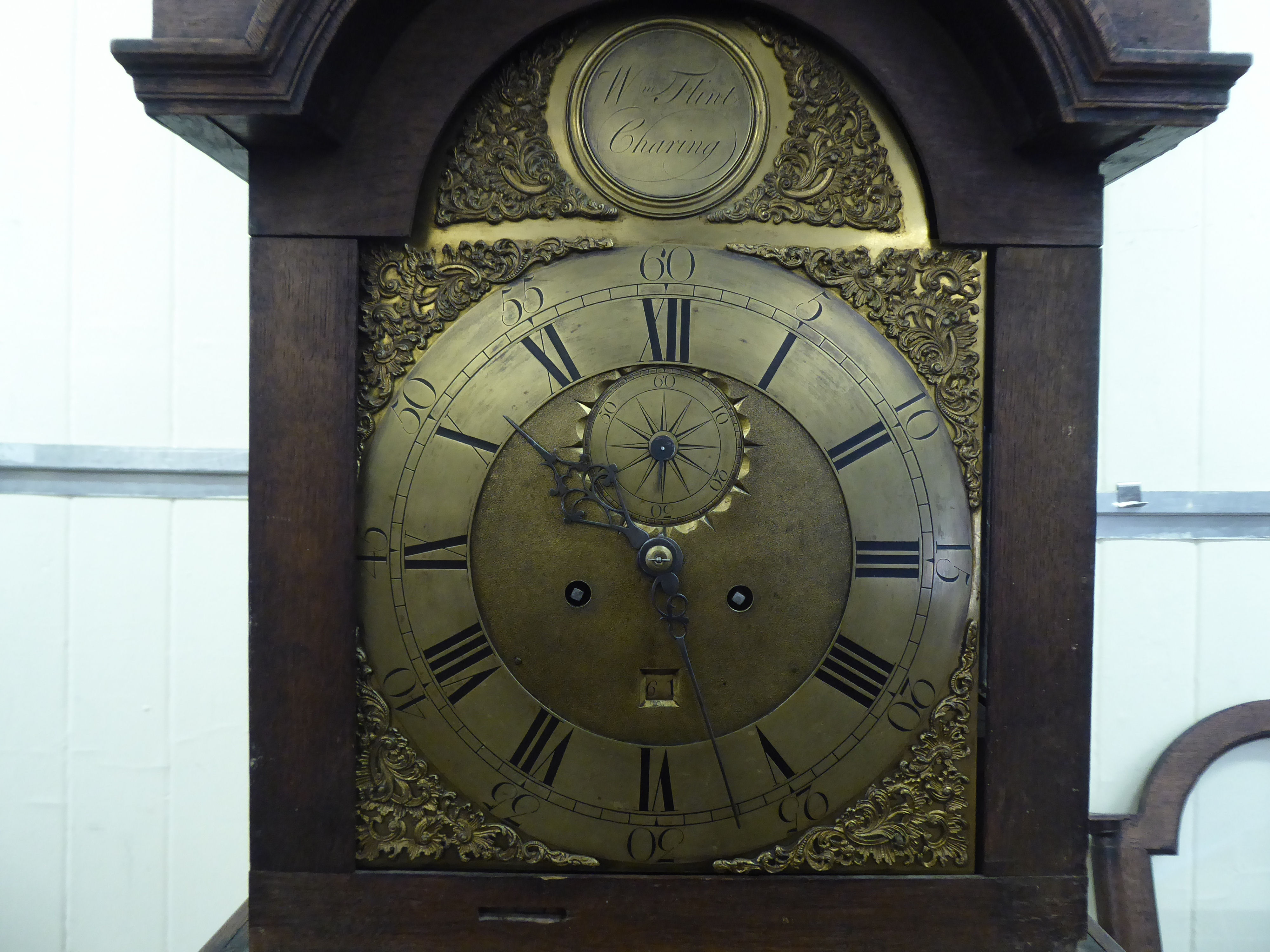 A mid/late 18thC oak longcase clock; the single fusee movement inscribed WM Flint of Charing   83" - Image 3 of 11