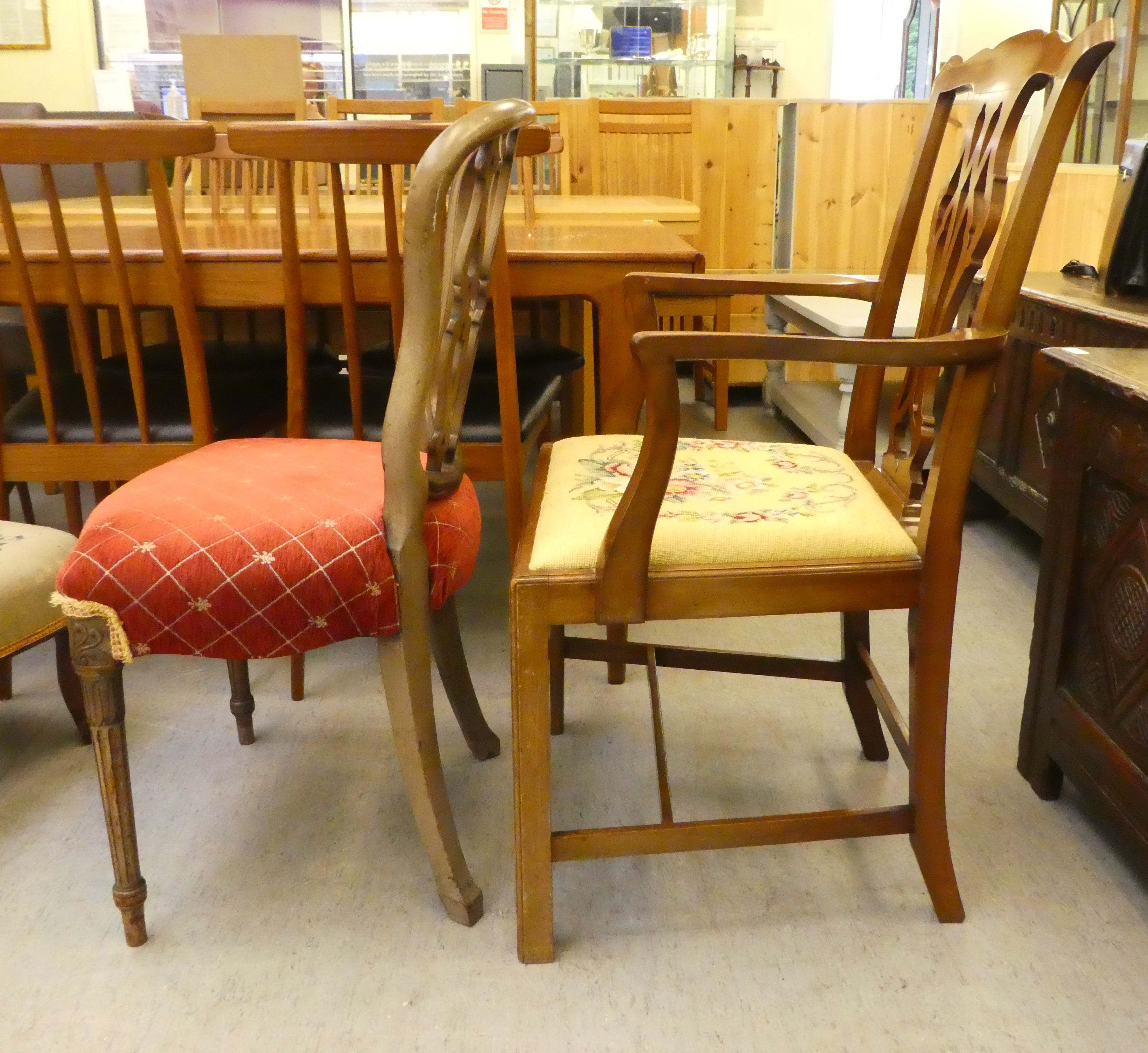 Small furniture: to include a late 19thC mahogany framed balloon back dining chair with a green - Image 6 of 7