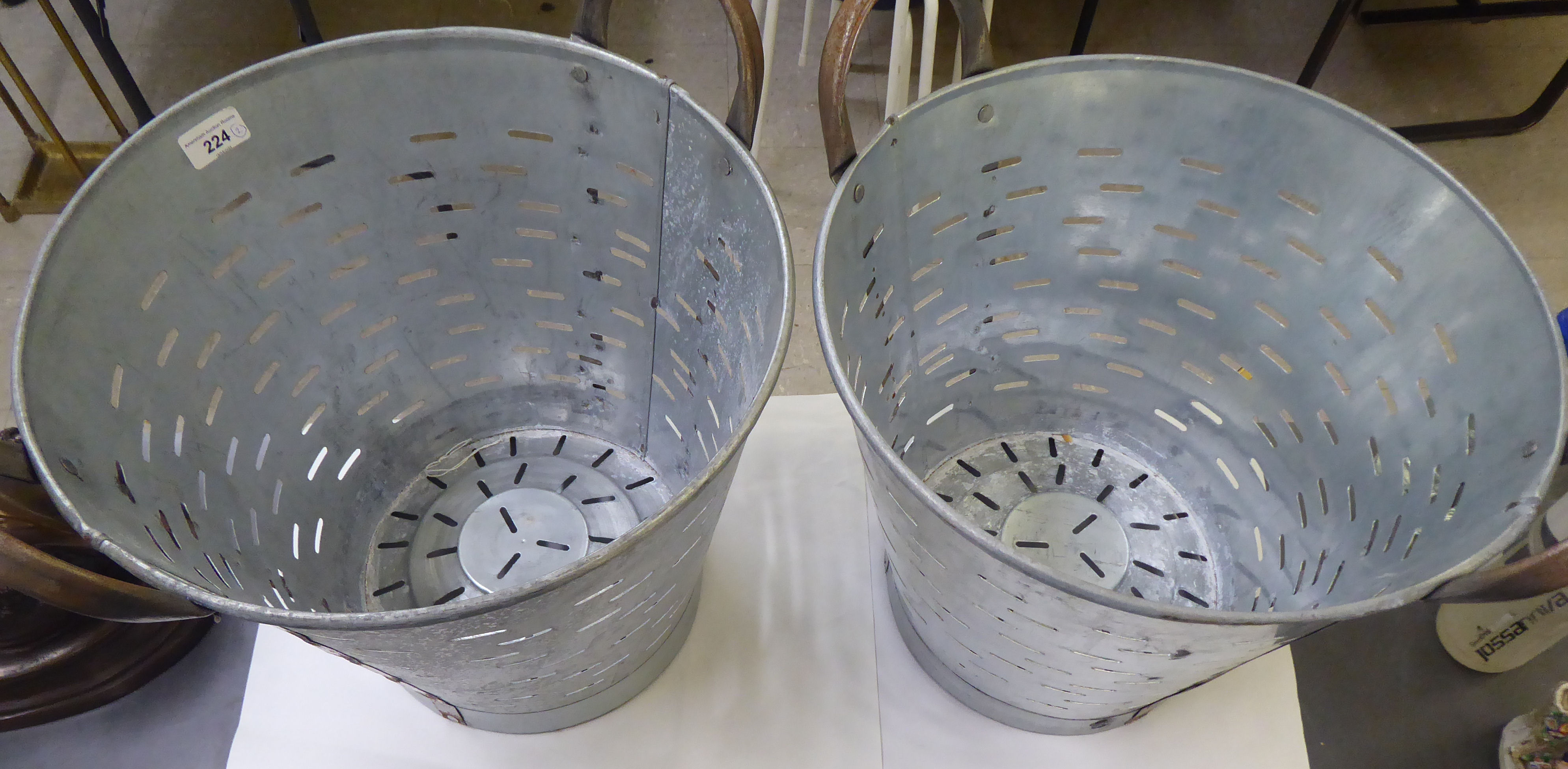 Two galvanised metal tapered and pierced grape collecting buckets with steel handles - Image 2 of 2