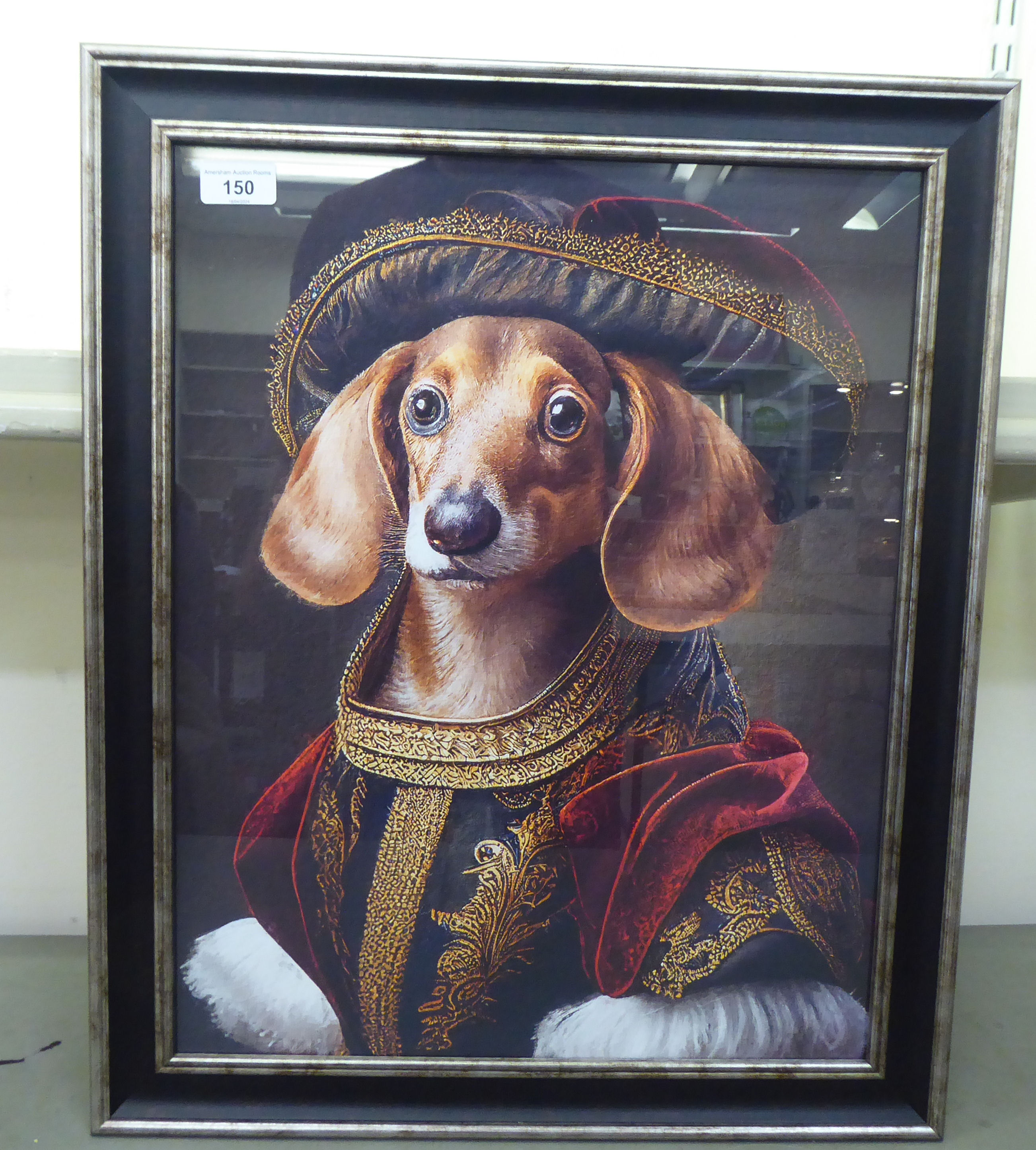 A head and shoulders regal portrait, a dog wearing robes  coloured print  19" x 16"  framed