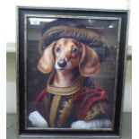 A head and shoulders regal portrait, a dog wearing robes  coloured print  19" x 16"  framed