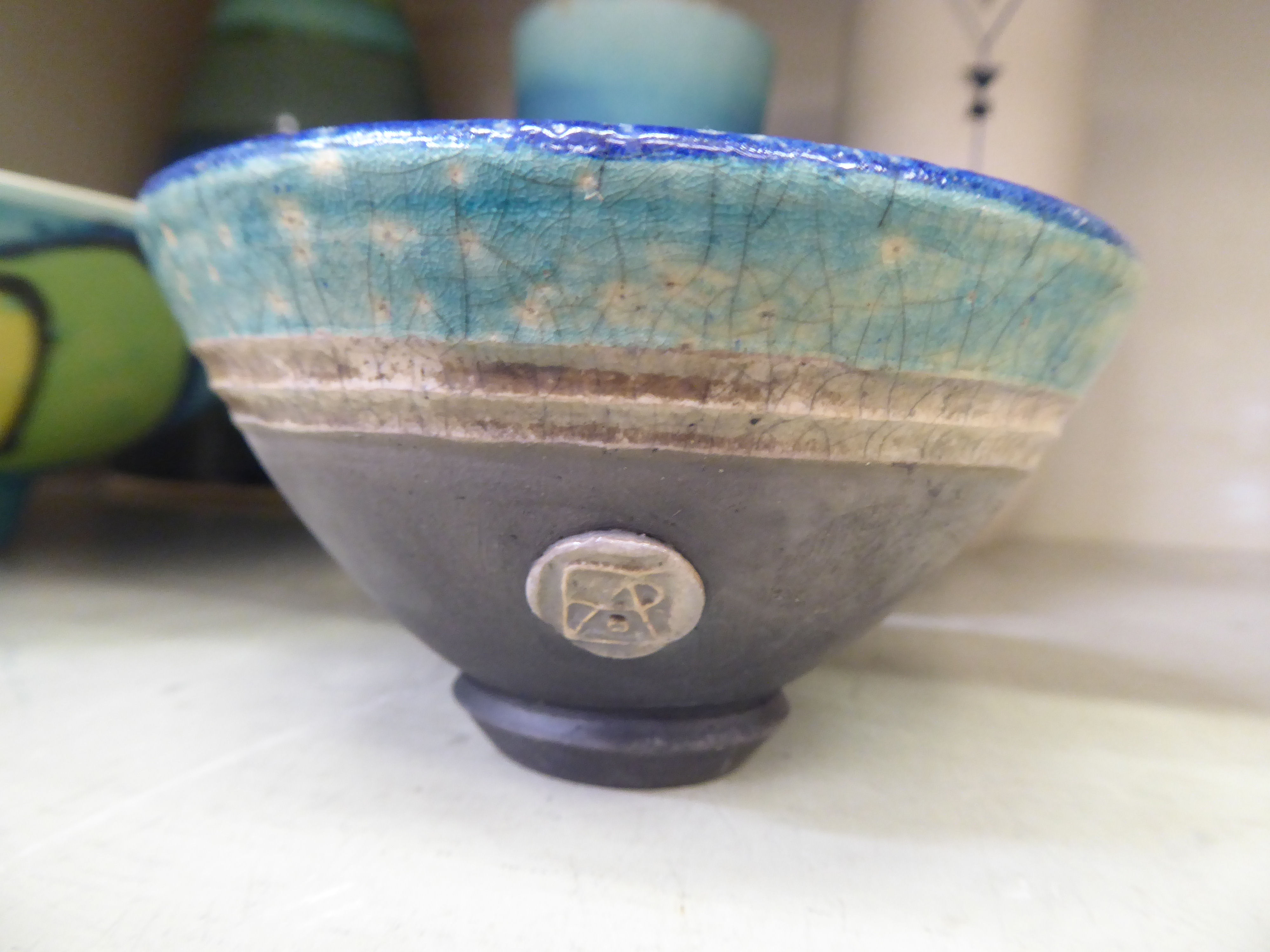 Modern studio pottery: to include a Lauren Derby blue and buff coloured cylindrical vase  8"h - Image 3 of 3