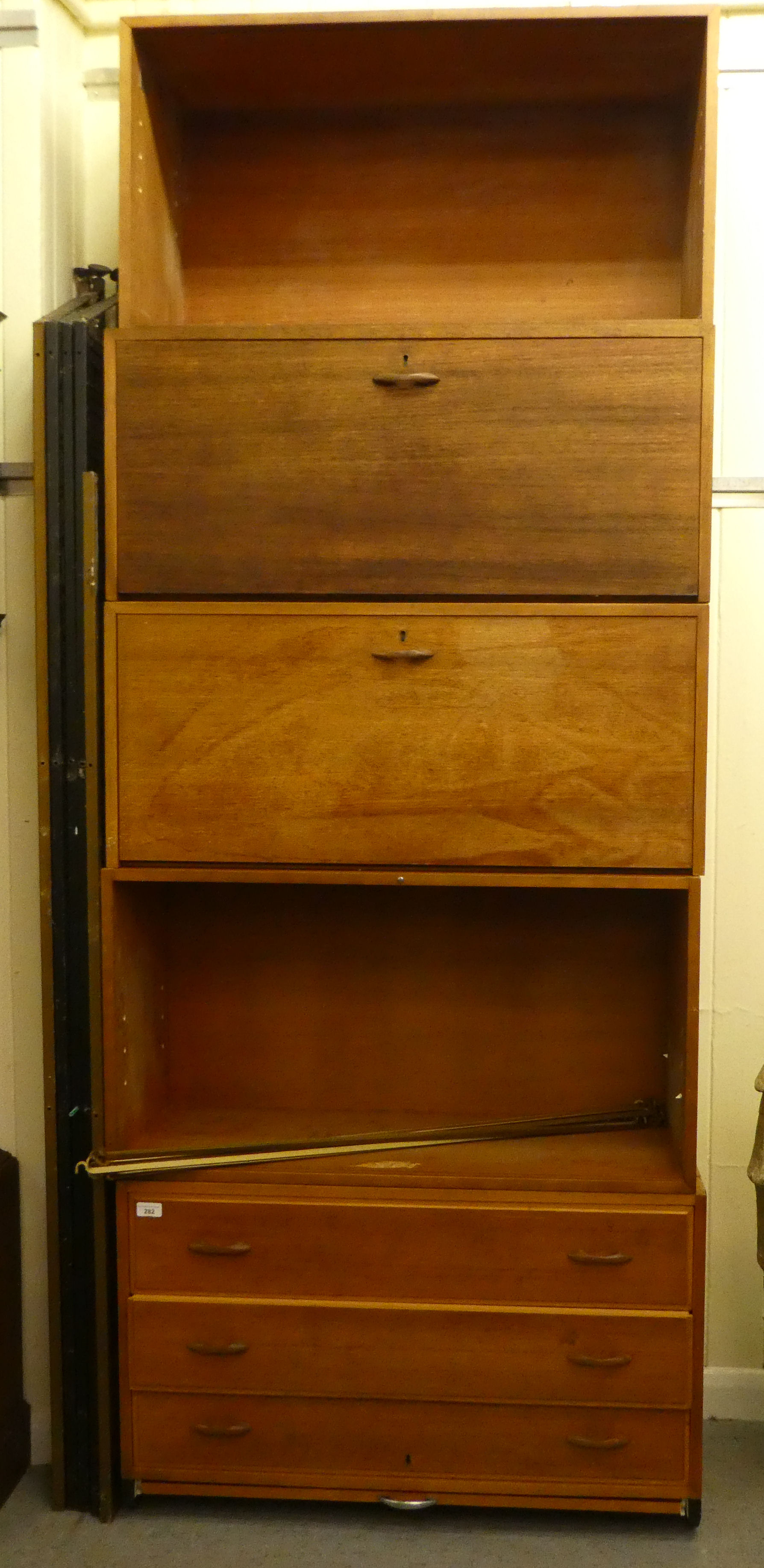 A Ladderax teak modular wall unit, comprising five cabinets  35"w; and five Ladderax side