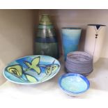 Modern studio pottery: to include a Lauren Derby blue and buff coloured cylindrical vase  8"h