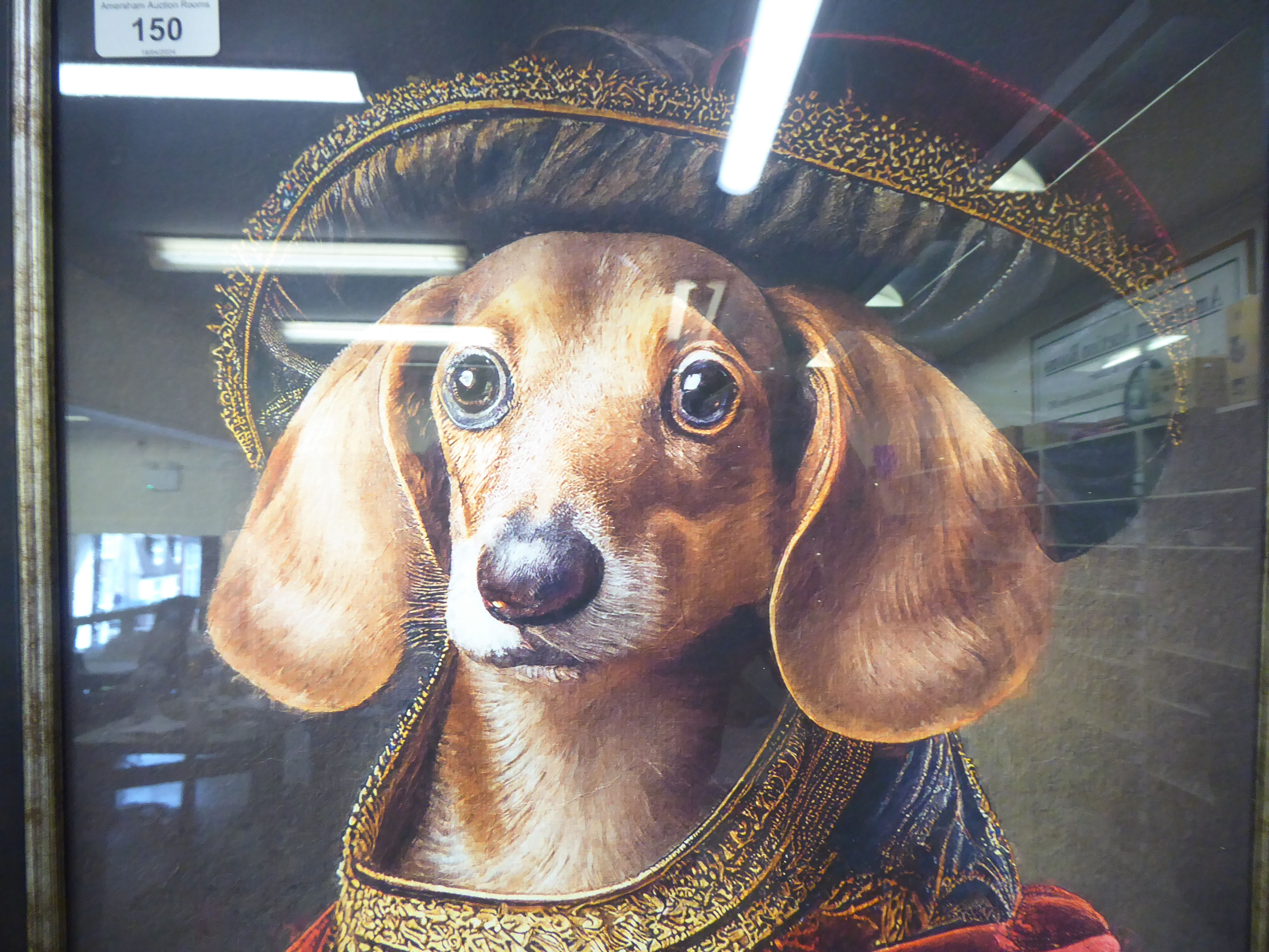 A head and shoulders regal portrait, a dog wearing robes  coloured print  19" x 16"  framed - Image 2 of 2