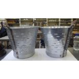 Two galvanised metal tapered and pierced grape collecting buckets with steel handles