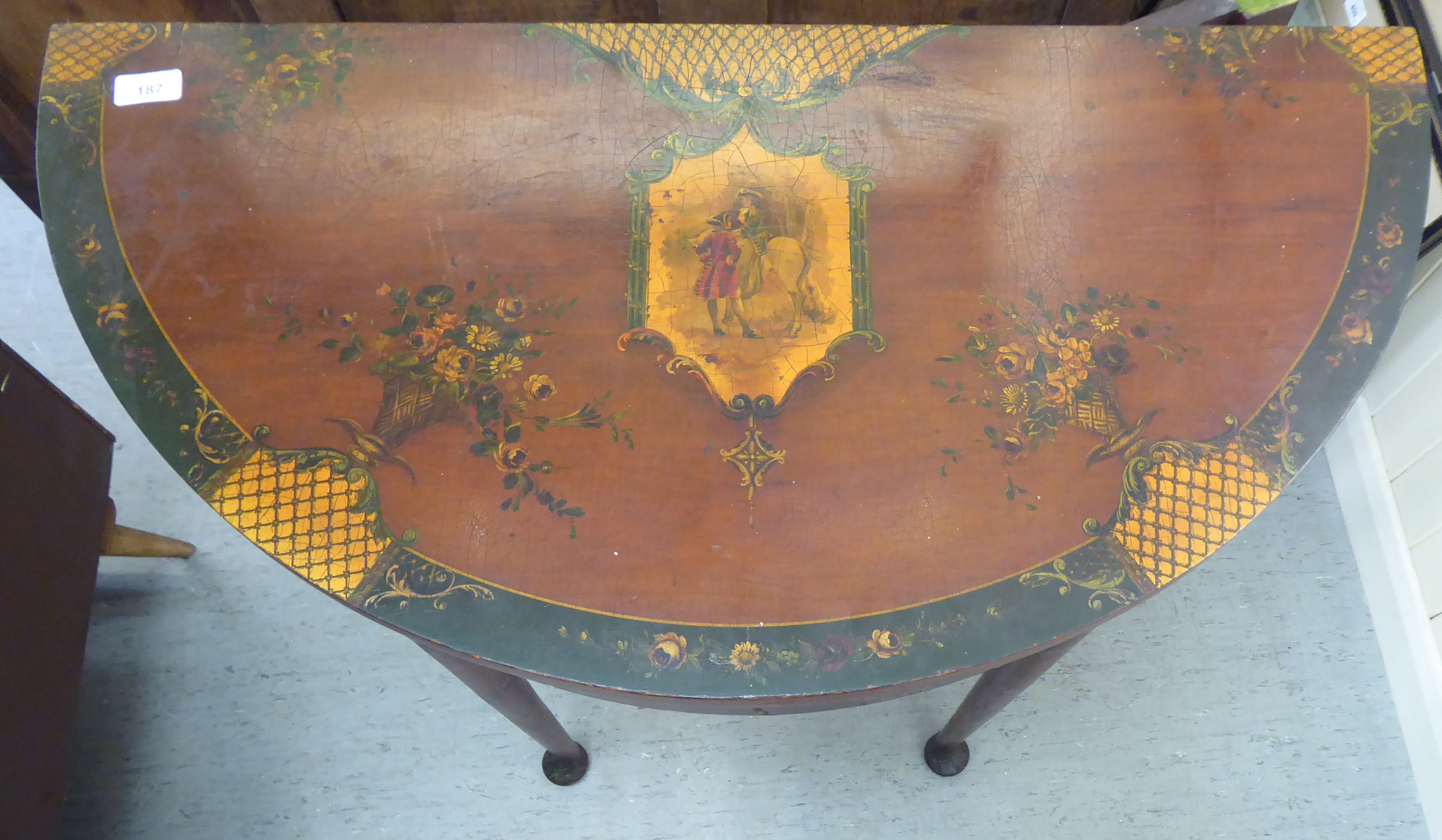 A late 19thC lacquered and painted, demi-lune card table, decorated with painted flora and - Bild 2 aus 4