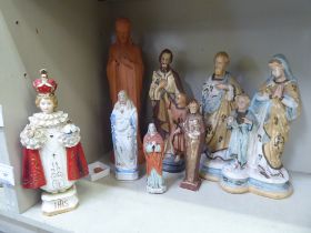 Seven early/mid 20thC plaster and ceramic religious figures: to include Mary, Joseph and young Jesus