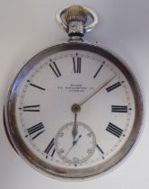 A silver pocket watch, the keyless movement faced by a white enamel Roman dial, inscribed Mahr,