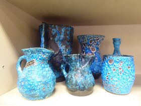 Annecy blue lava pottery: to include a tapered vase  9"h; and two jugs