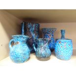 Annecy blue lava pottery: to include a tapered vase  9"h; and two jugs