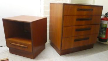 A G-Plan teak four drawer dressing chest, on a plinth  30"h  28"w; and a matching bedside cabinet