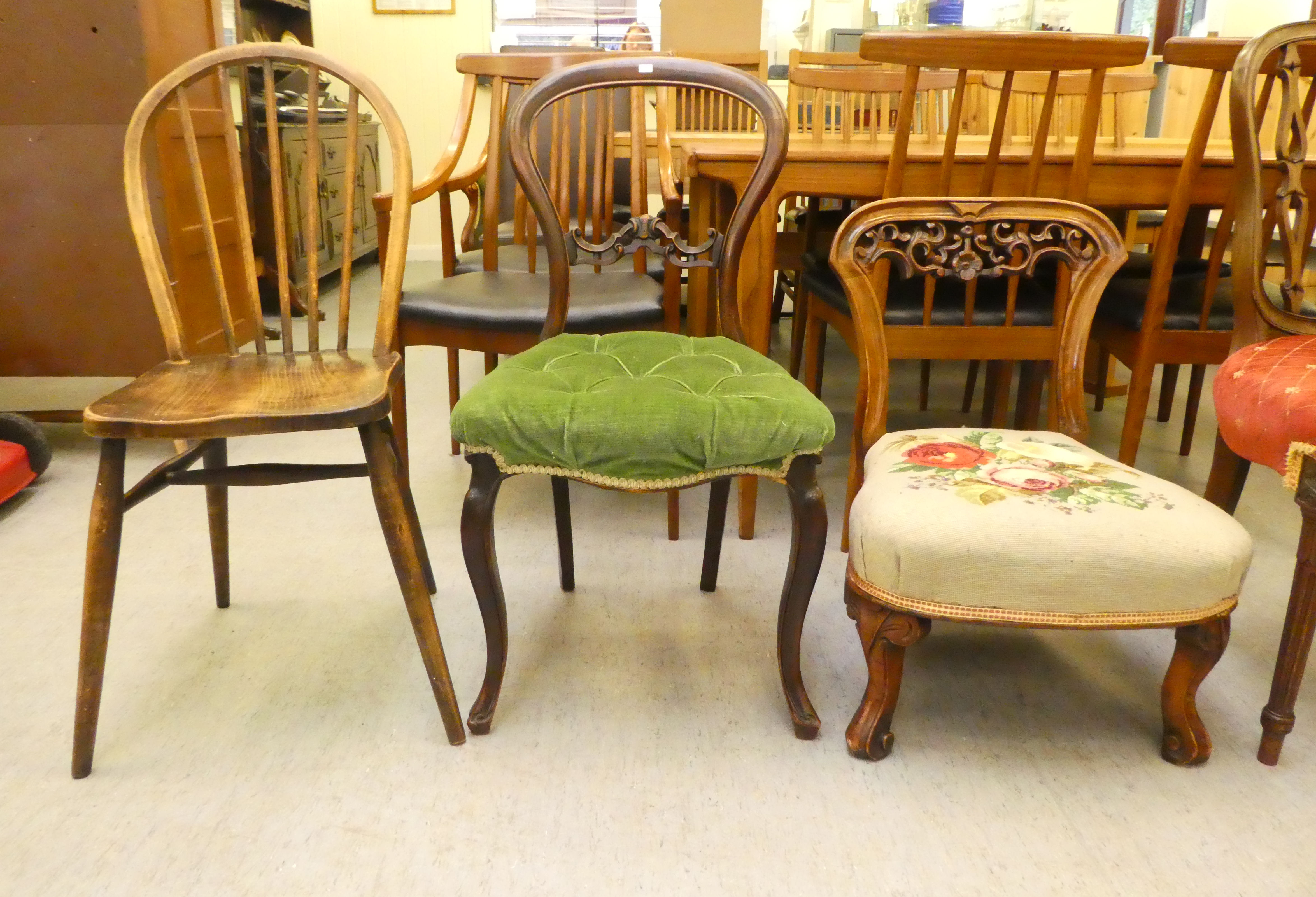 Small furniture: to include a late 19thC mahogany framed balloon back dining chair with a green - Image 2 of 7