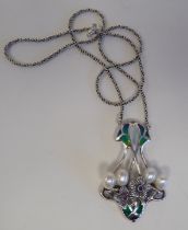 A silver coloured metal Art Nouveau style plique-a-jour necklace, on a fine chain and ring bolt