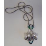 A silver coloured metal Art Nouveau style plique-a-jour necklace, on a fine chain and ring bolt