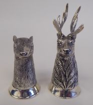 A pair of white metal deers' head condiments pots  stamped 800