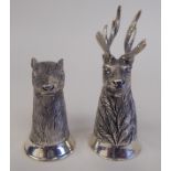 A pair of white metal deers' head condiments pots  stamped 800