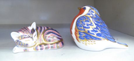 Two Royal Crown Derby china paperweights, viz. a sleeping cat  1.5"h; and a Robin  3"h