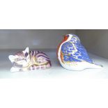 Two Royal Crown Derby china paperweights, viz. a sleeping cat  1.5"h; and a Robin  3"h