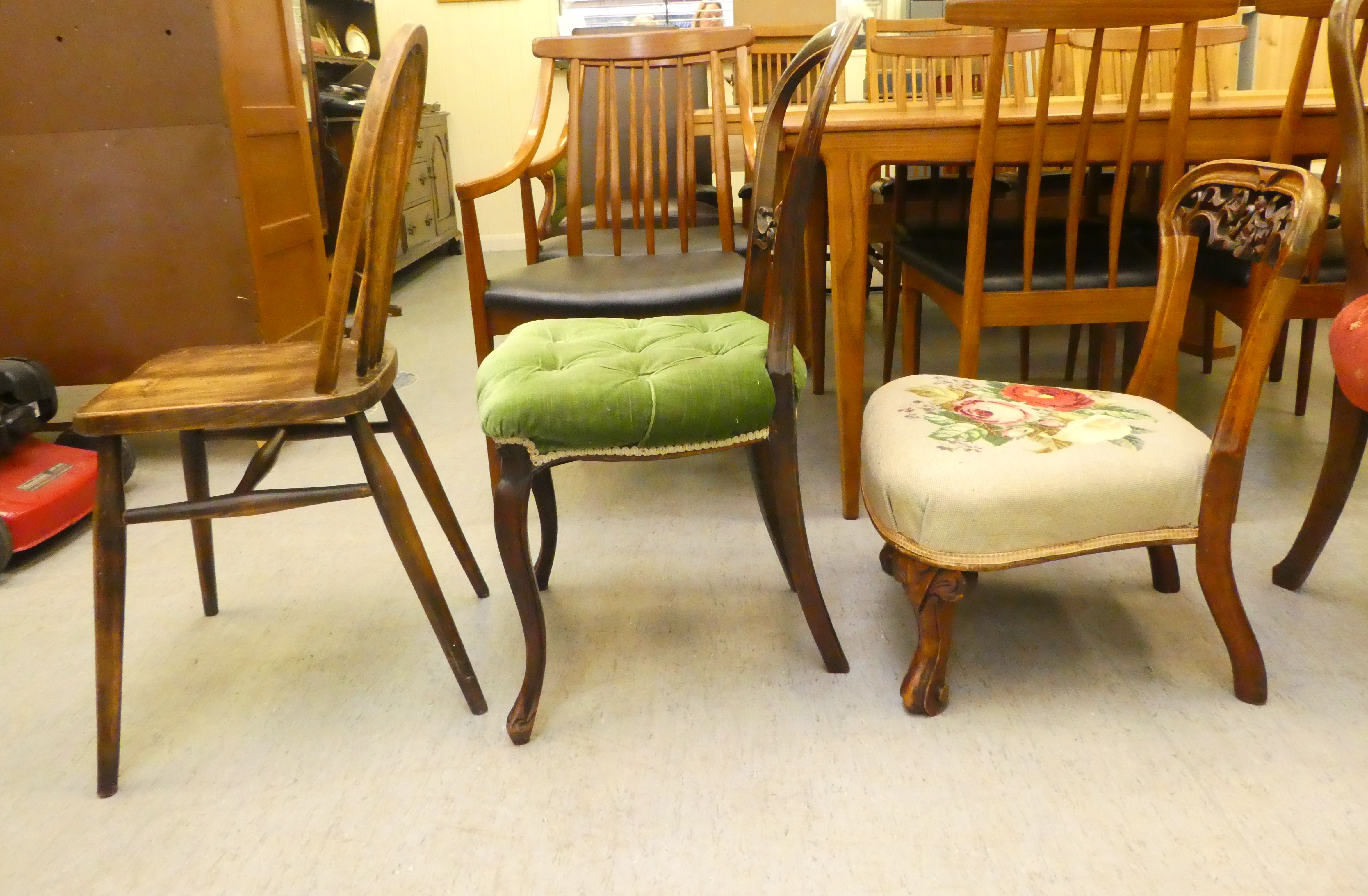 Small furniture: to include a late 19thC mahogany framed balloon back dining chair with a green - Image 3 of 7