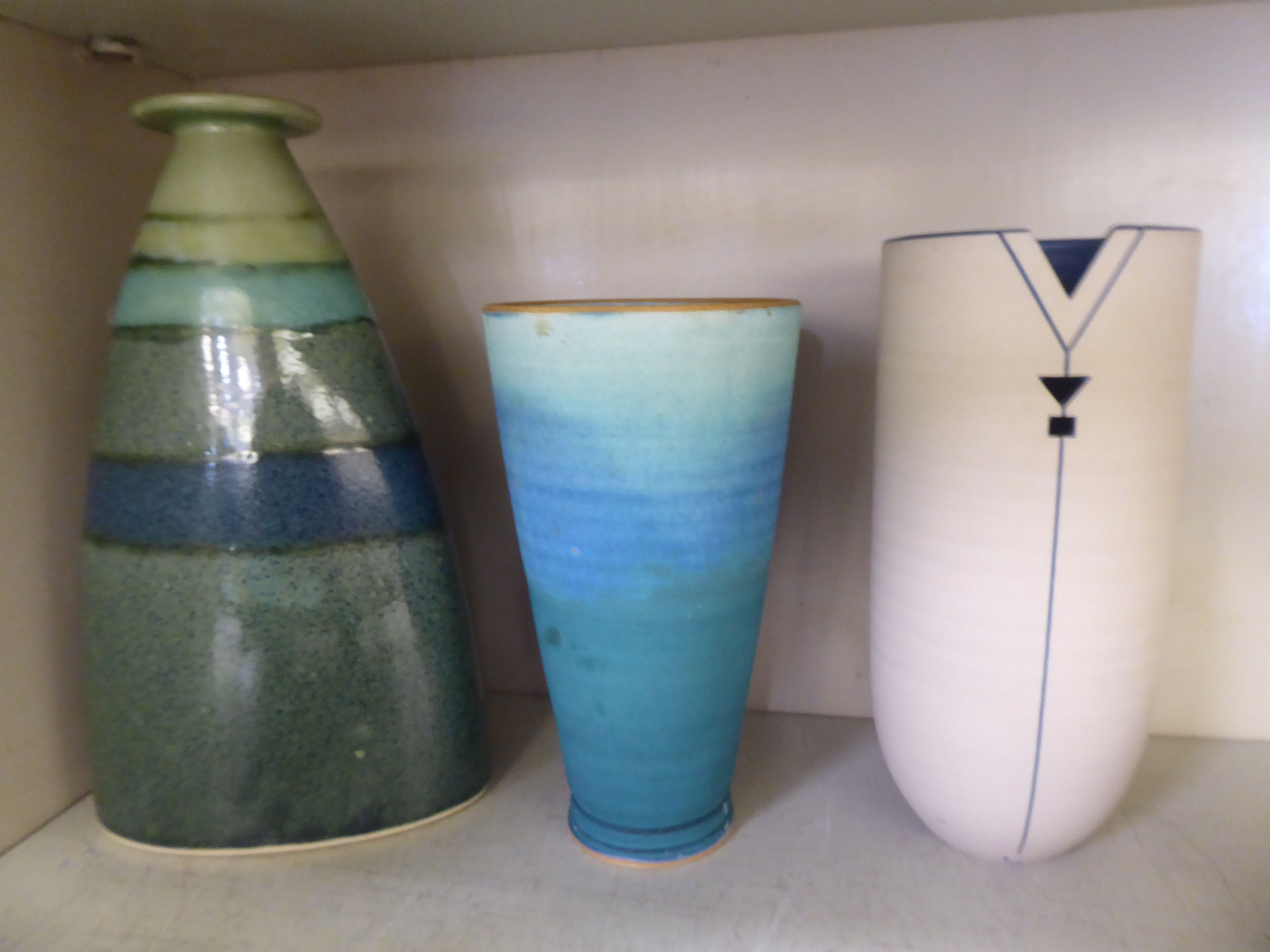 Modern studio pottery: to include a Lauren Derby blue and buff coloured cylindrical vase  8"h - Image 2 of 3