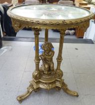 A 19thC French style gilded composition centre table with floral embroidered and inset glass top,