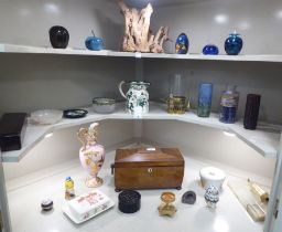 A mixed lot: to include a Regency rosewood tea caddy  6"h  12"w; and ornamental glassware