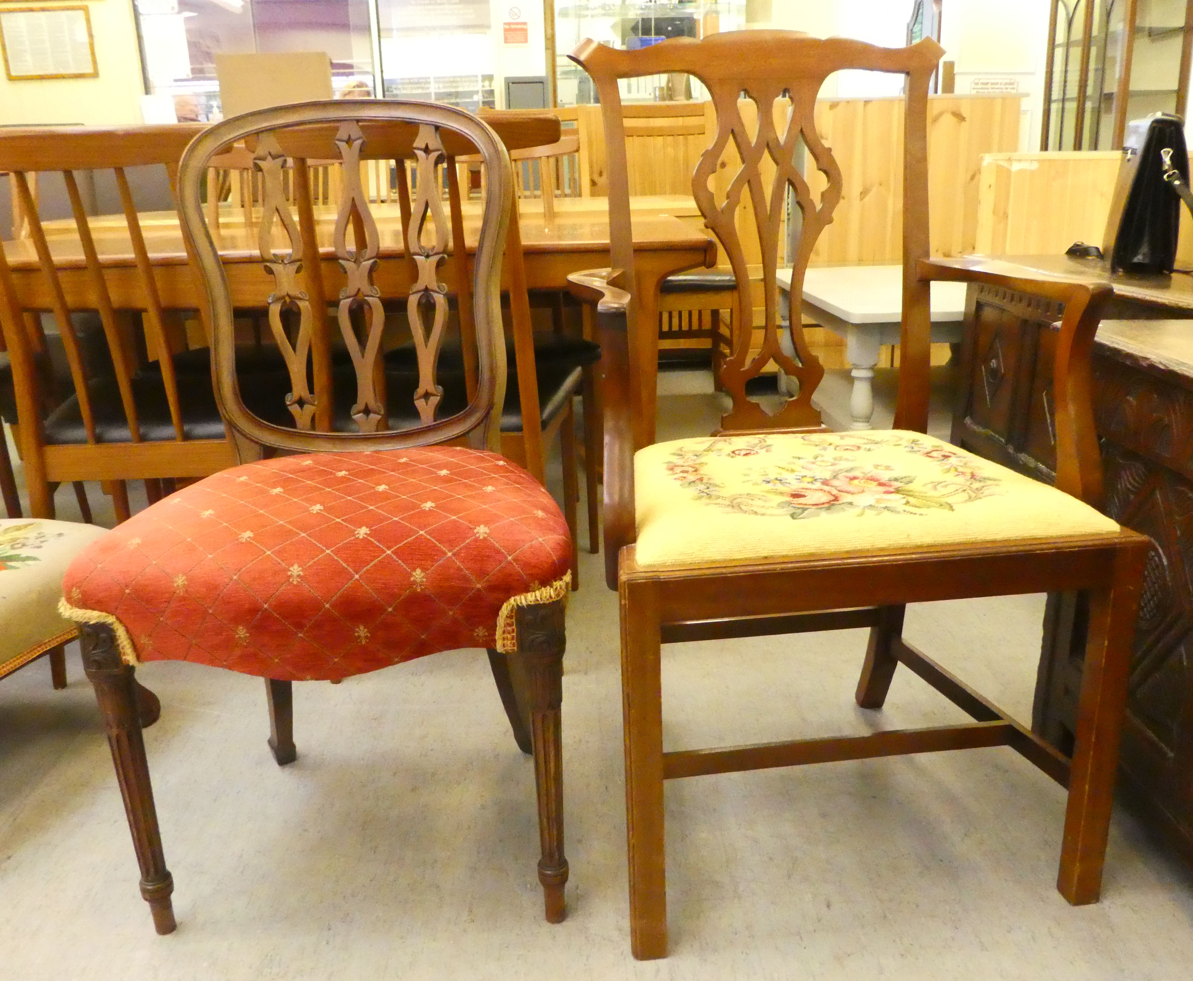 Small furniture: to include a late 19thC mahogany framed balloon back dining chair with a green - Image 5 of 7