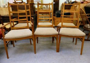 A set of six modern, teak framed, ladderback dining chairs with oatmeal coloured upholstered