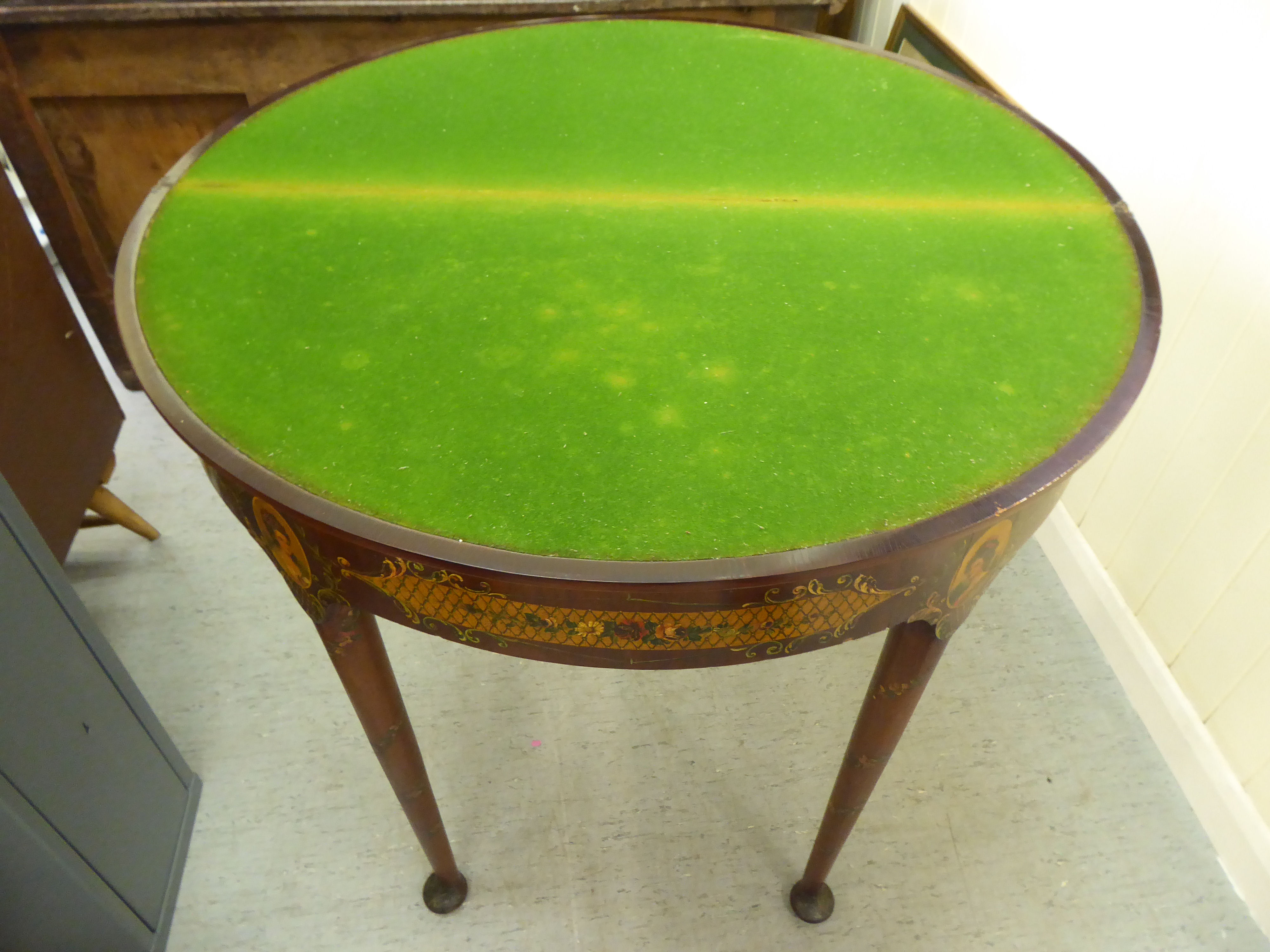 A late 19thC lacquered and painted, demi-lune card table, decorated with painted flora and - Bild 4 aus 4