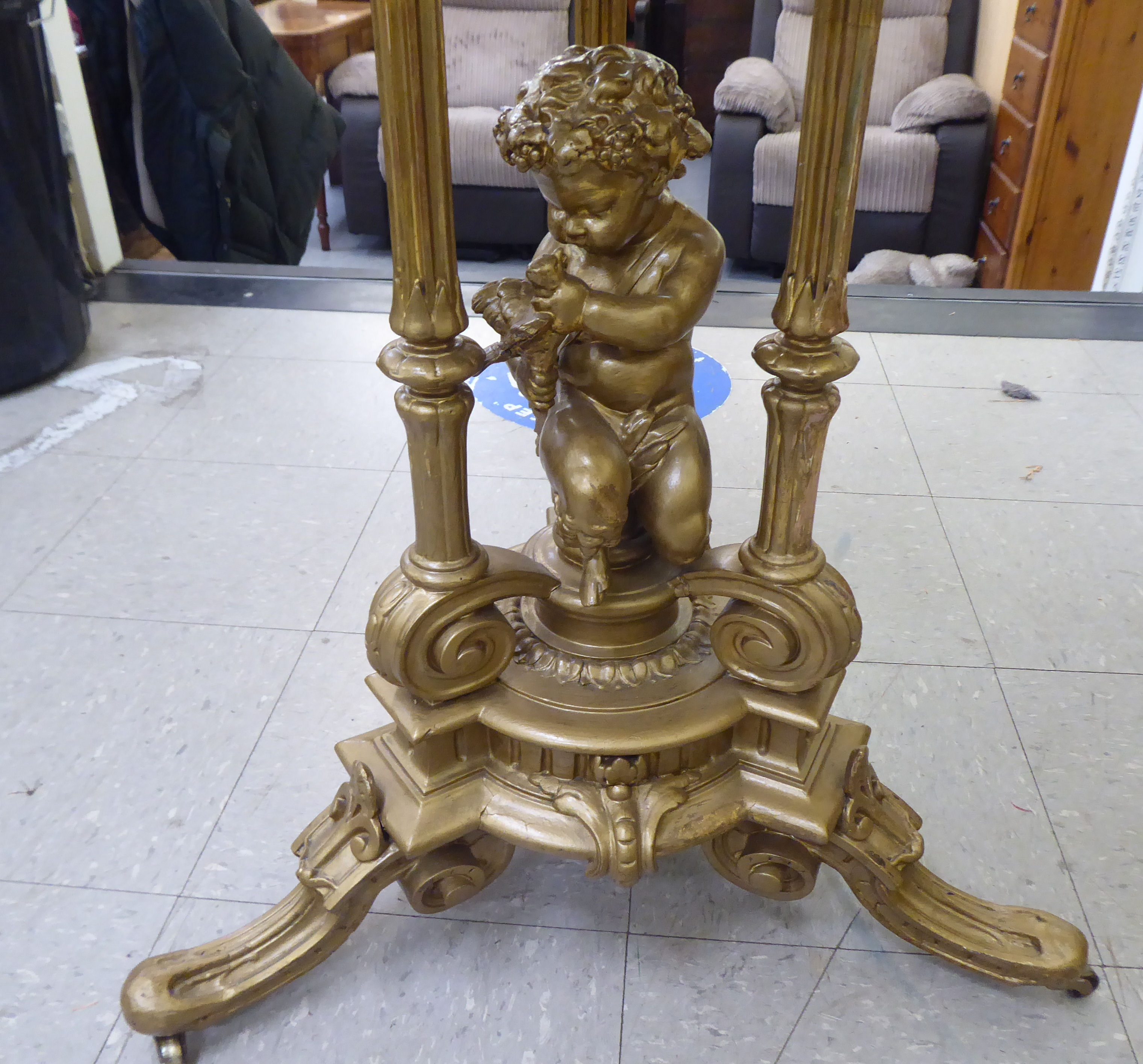 A 19thC French style gilded composition centre table with floral embroidered and inset glass top, - Image 2 of 4